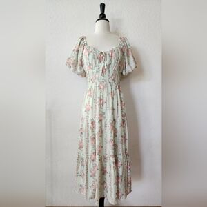 Floral Puff-Sleeve Maxi Dress in Mint and Pink